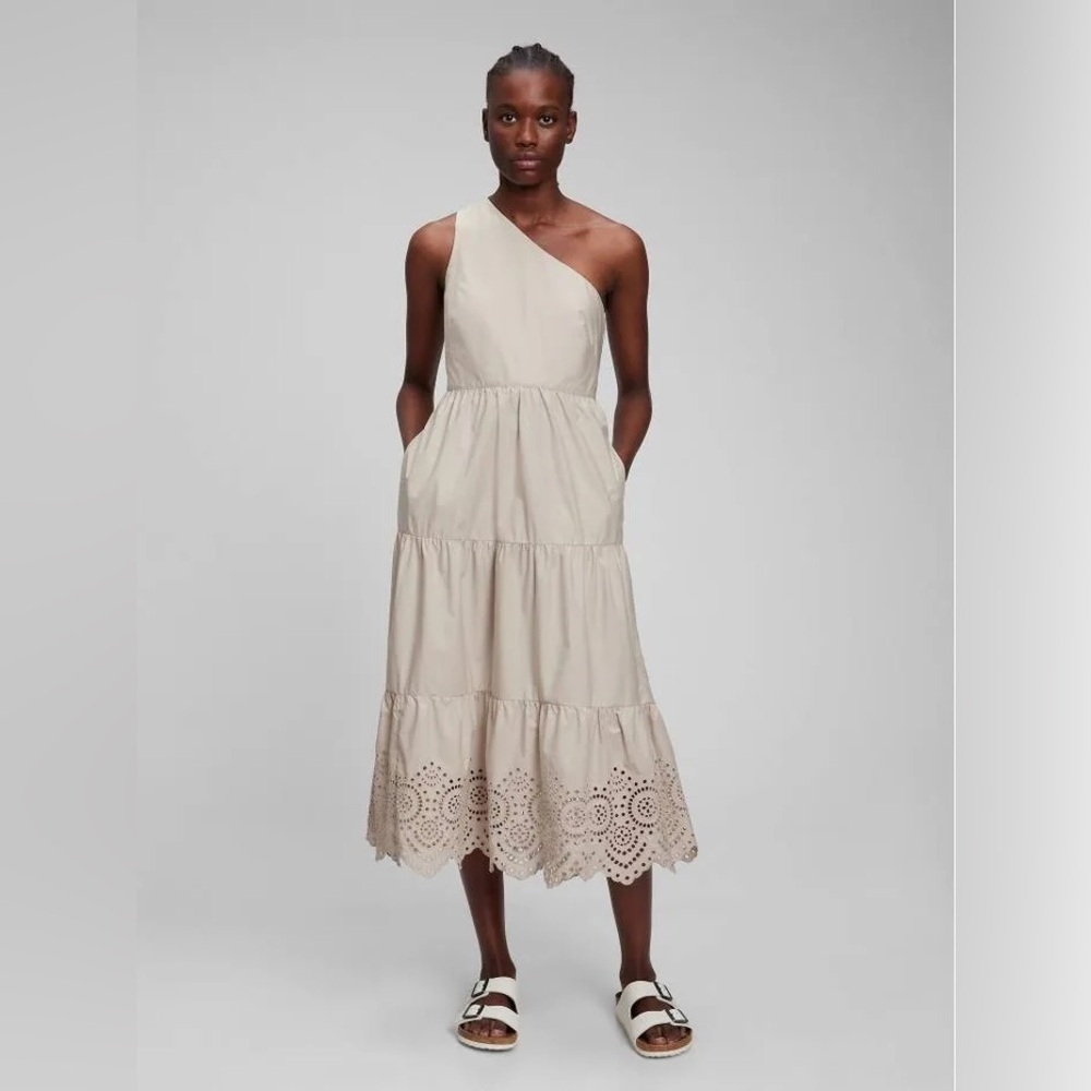 GAP 100% Cotton Beige One-Shoulder Midi Dress Size 4 - Picture 5 of 12